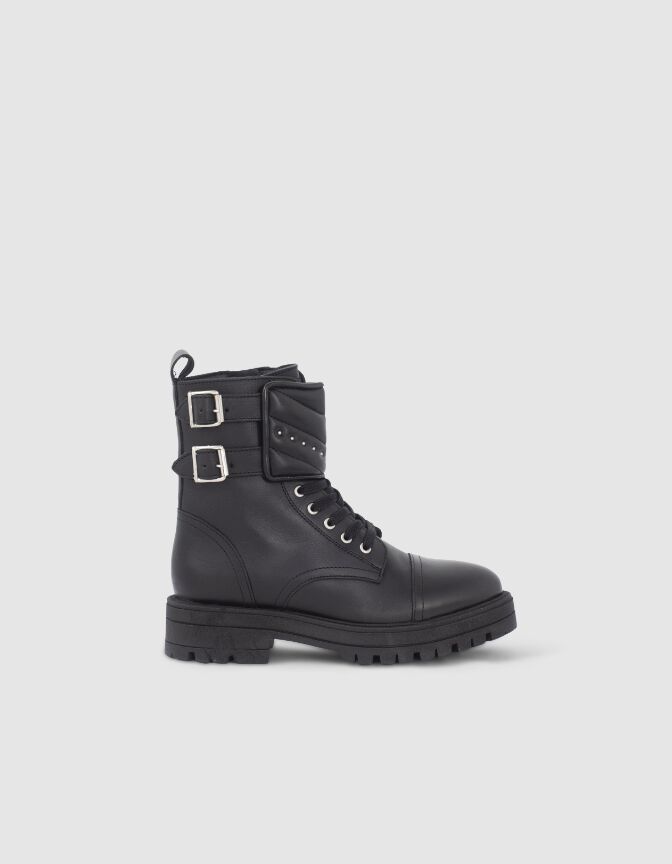 Girls’ black Leather story studded leather combat boots