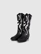 Women’s black & white leather cowboy boots, Western seams-5