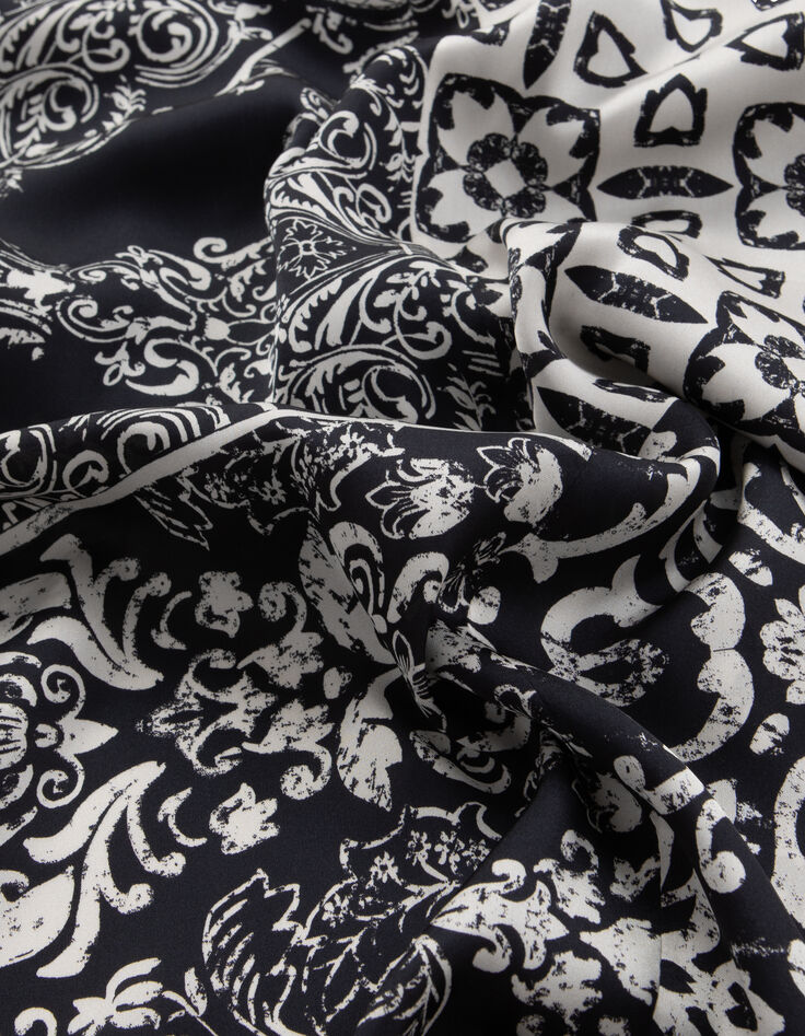 Jupe noire froncée imprimé patchwork foulard Femme-11