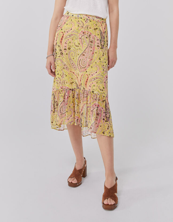 Women’s yellow paisley summer asymmetric midi skirt-1