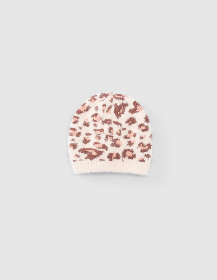 Bonnet écru tricot motif léopard-coeurs fille-3