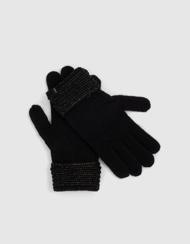 Gants noirs tricot revers fils dorés fille-4