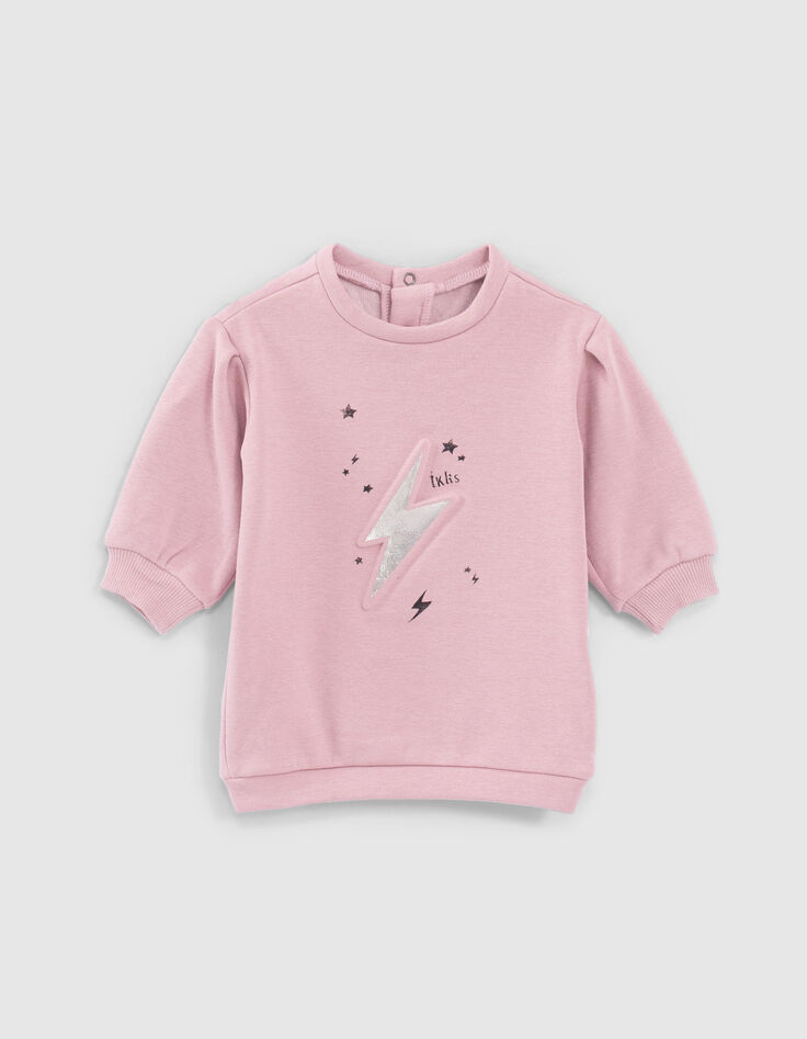 Robe sweat rose poudré éclair embossé bébé fille-1