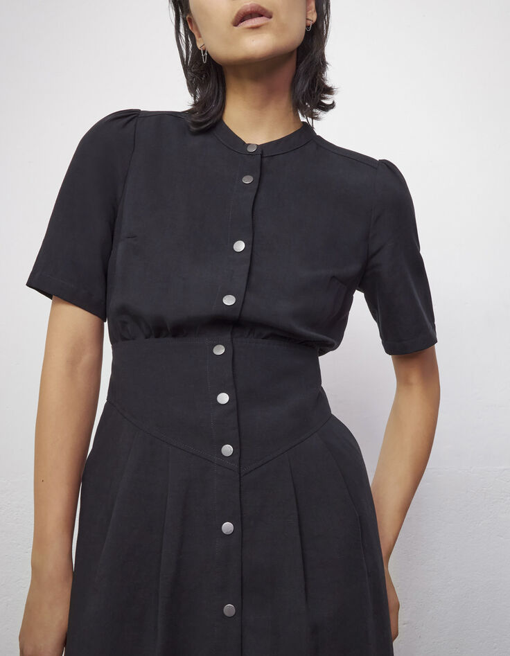 Vestido negro de tencel y lino con botones delante mujer-4