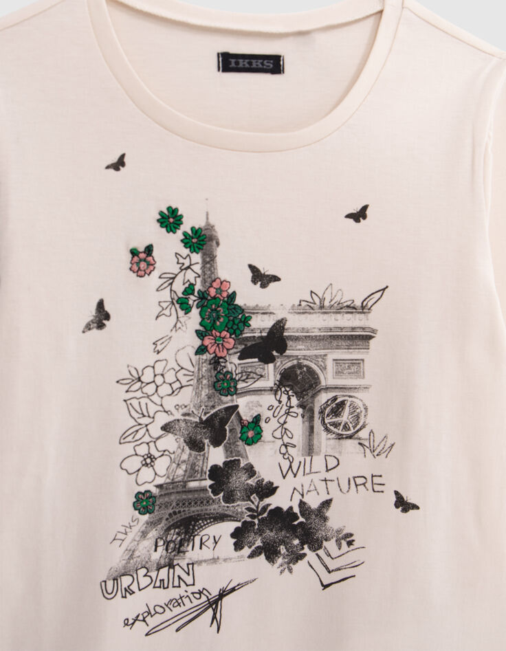 T-shirt écru coton bio monuments broderie fleurs fille-3