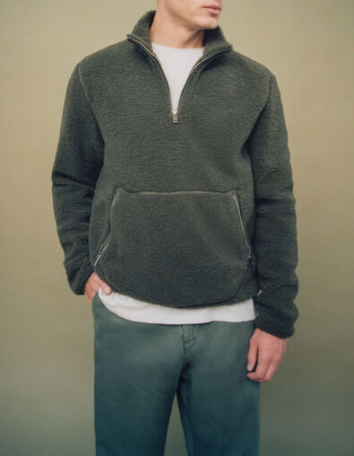 Men’s khaki Sherpa sweatshirt with kangaroo pocket - IKKS