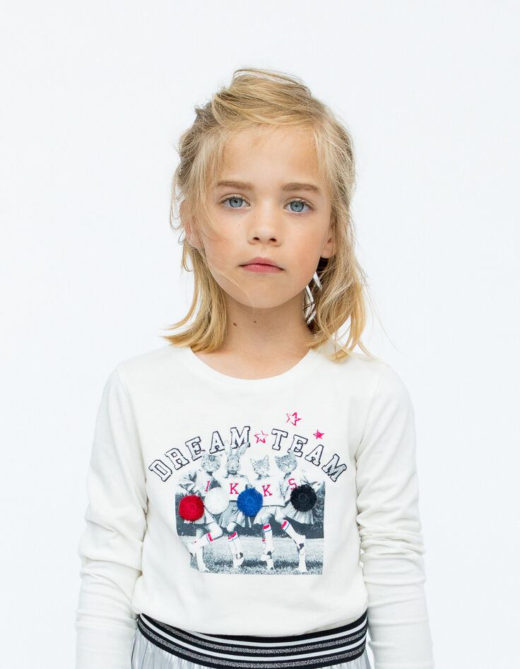 Cremeweißes Mädchen-T-Shirt mit 3D-Pom-Pom-Girl-Motiv-1