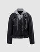 Women's black leather herringbone biker jacket with studs-6