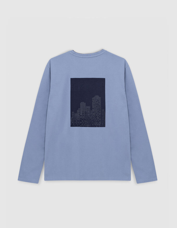 Boy's blue organic cotton T-shirt, shiny buildings on back-5