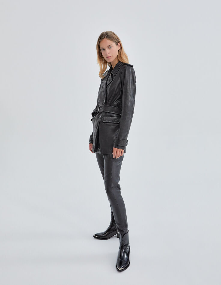 Pure Edition-Women’s black leather long belted jacket-5