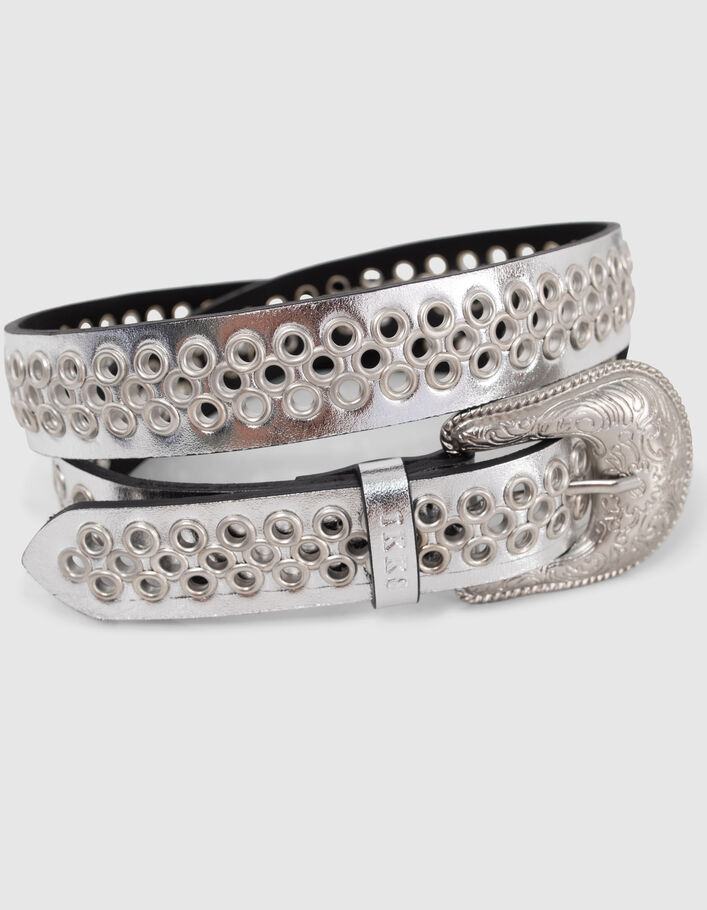 Women’s silver leather belt with silver eyelets - IKKS