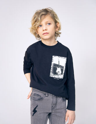 Black T-shirt organic cotton guitar-amp on boy print