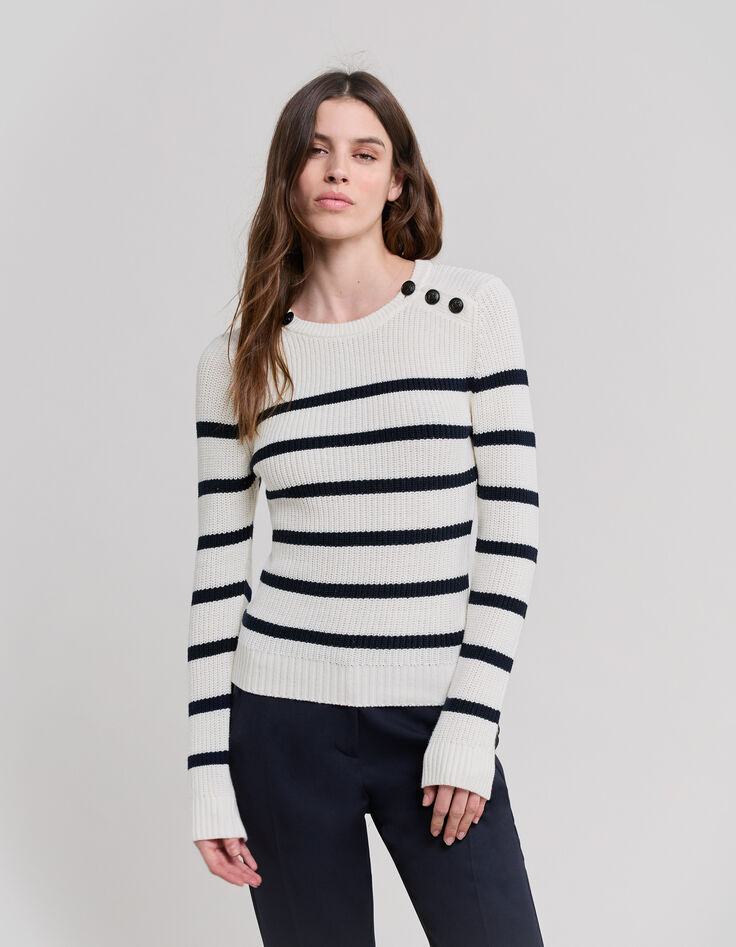 Women’s ecru knit sailor-stripe sweater, anchor buttons-2