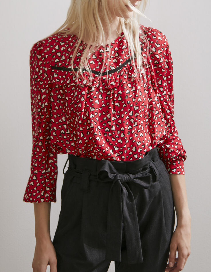 Women’s heart print ruffled blouse with black lace-2