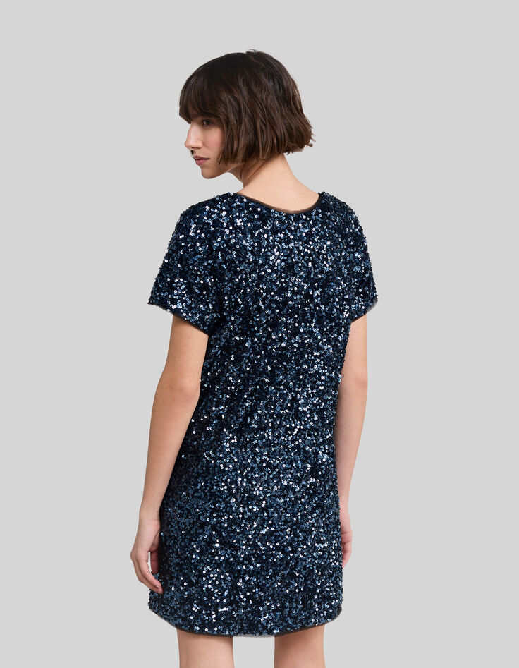 Robe bleue brodée sequins réversible Femme-5