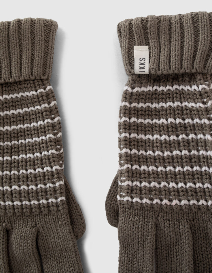 Boys’ khaki knit gloves with white stripes-5