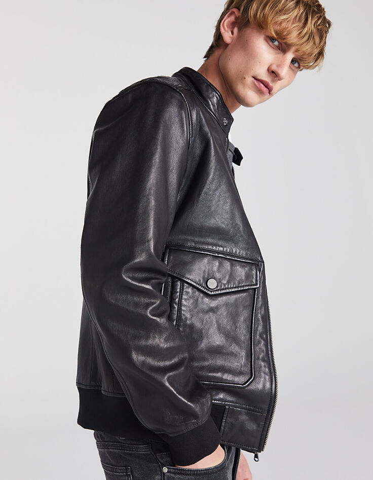 Men’s black biker-style double-pocket leather jacket-1