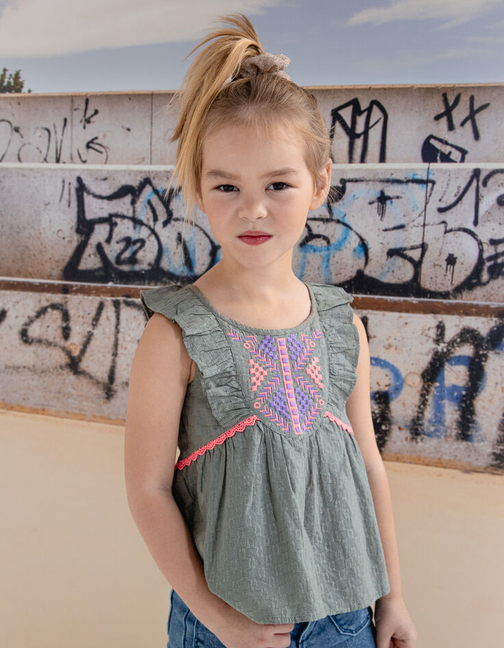 Girls’ khaki jacquard fabric top with neon embroidery-2