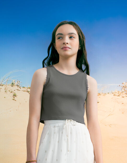 Girls’ khaki vest top with lace on armholes - IKKS