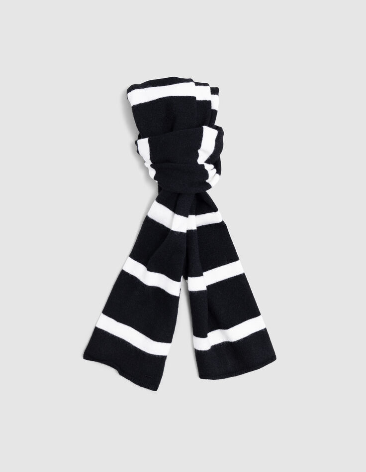 Girl's black knit scarf with white stripes-2