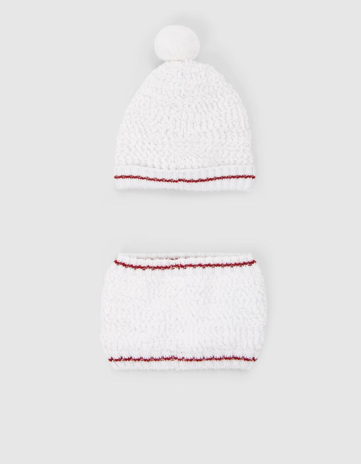 Baby girls’ ecru knit apple-heart beanie & snood-3