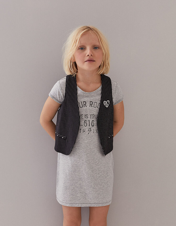 Girls’ medium grey marl 2-in-1 dress + striped waistcoat-1