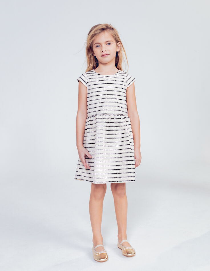 Girls’ ecru dress with striped motif jacquard-1