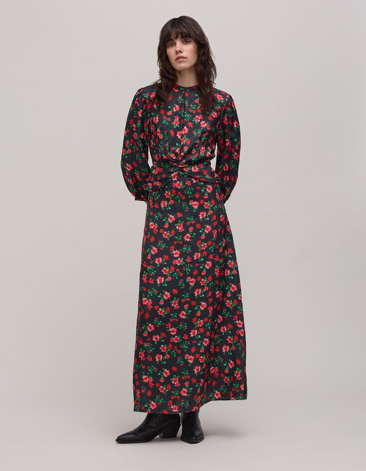 Maxi vestido negro estampado pixelado de flores para mujer-2