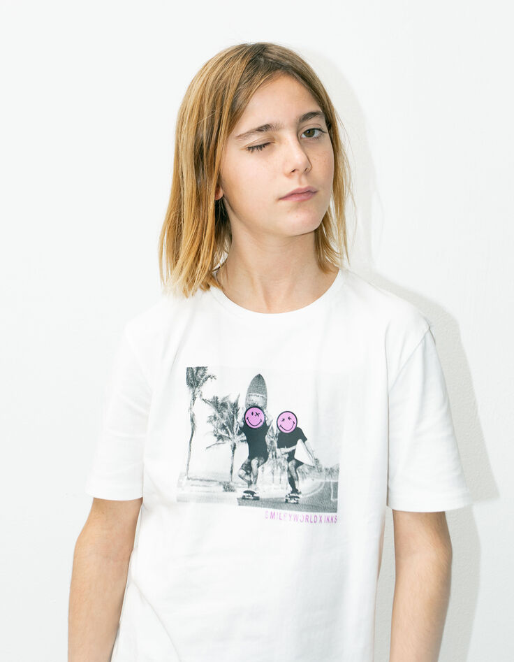 Boys’ white organic cotton T-shirt, SMILEYWORLD skaters photo-1