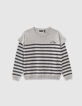 Girls’ grey marl sweater with navy stripes and ruffles-2