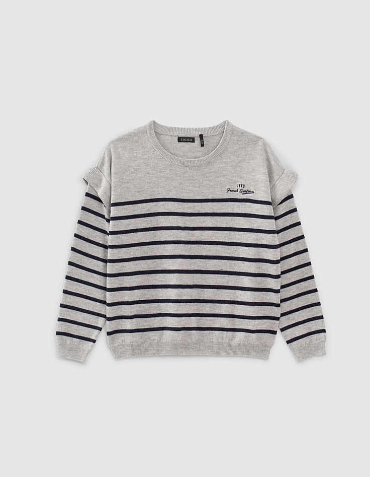 Girls’ grey marl sweater with navy stripes and ruffles-2