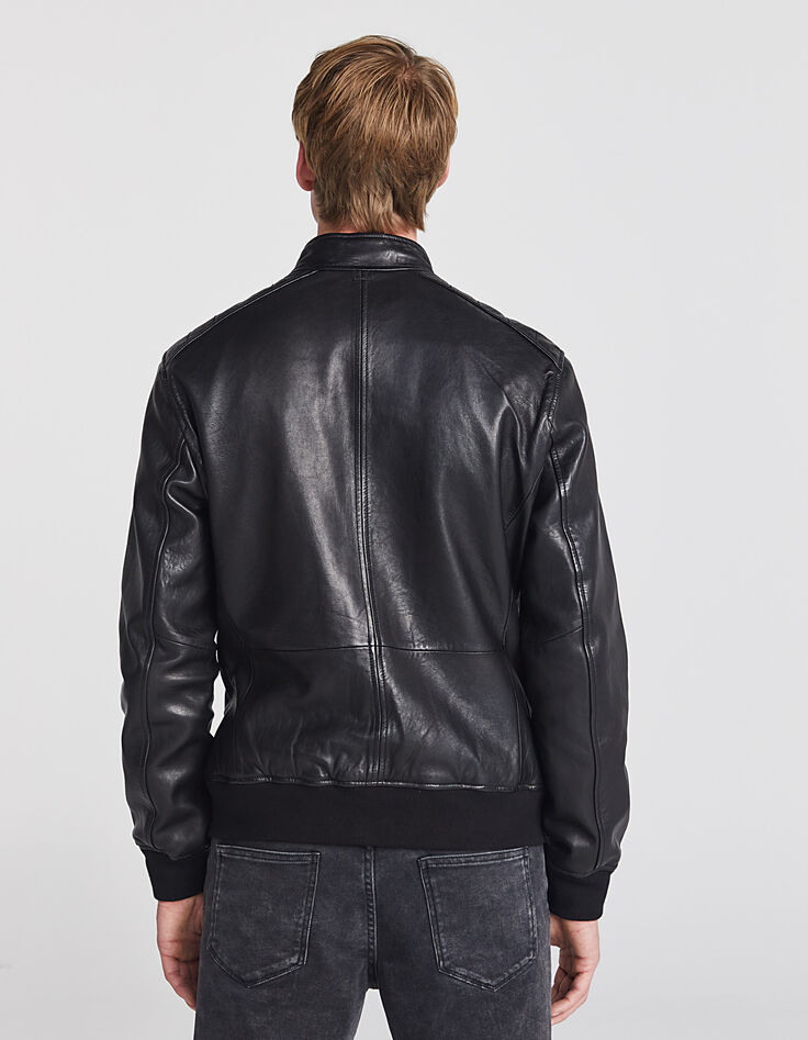 Men’s black biker-style double-pocket leather jacket-3