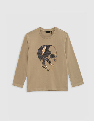 Camiseta camel algodón calavera lentejuelas niño