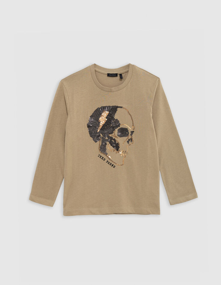 Boy's camel organic cotton skull and crossbones T-shirt-1