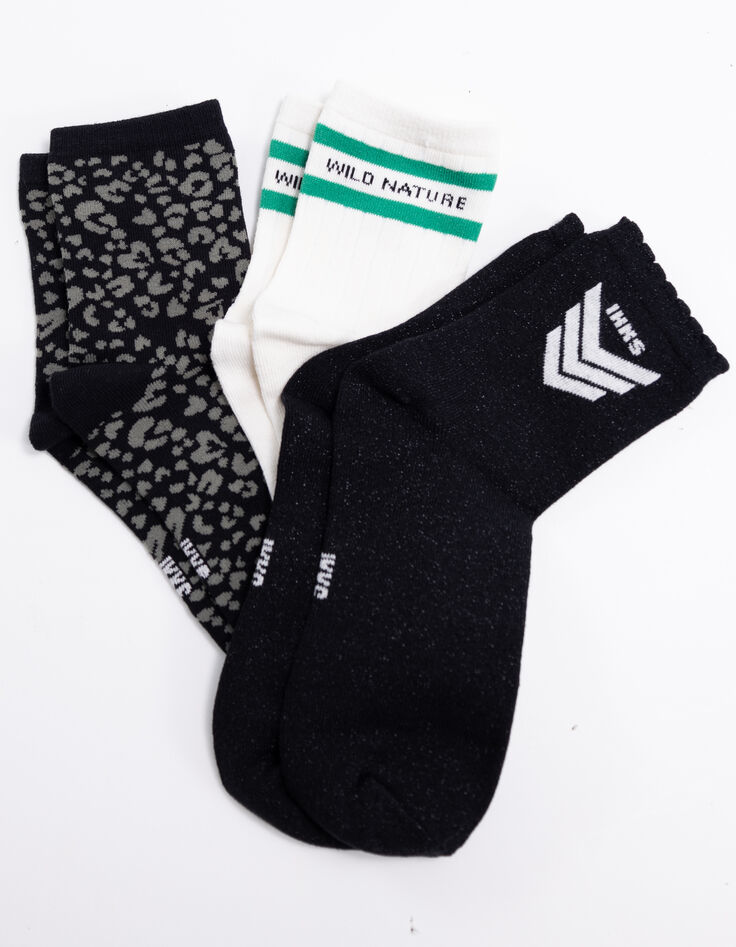 Schwarze Glitzer-, Ecru- und Leopardensocken für Mädchen-2