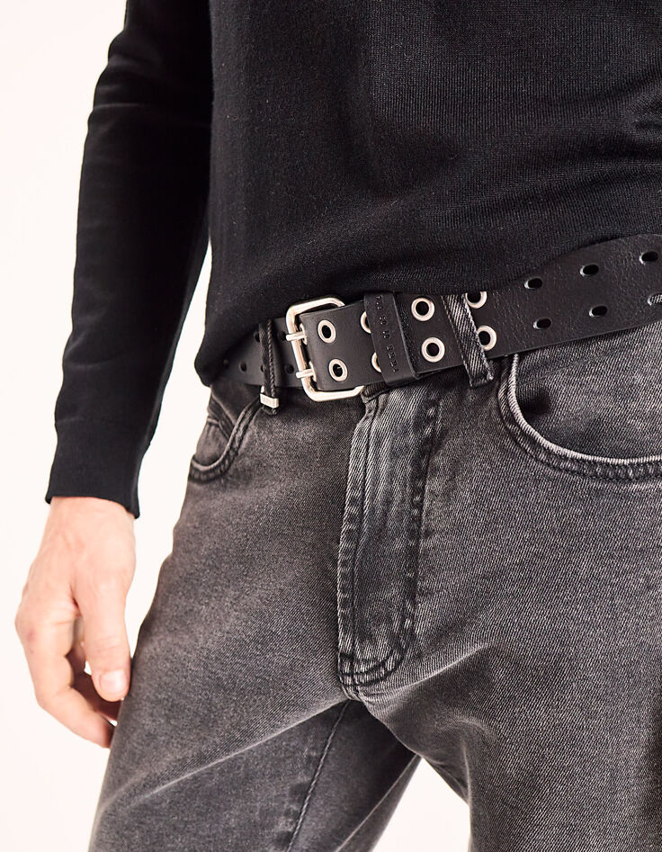 Men's black perforated leather belt-5