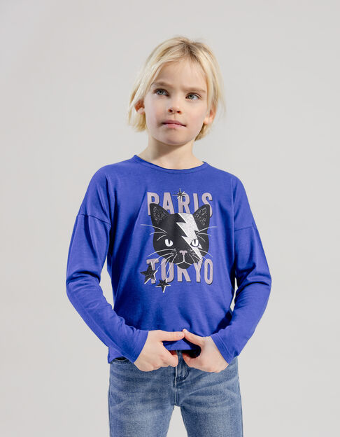 Girl’s blue T-shirt with cat and lightning image - IKKS