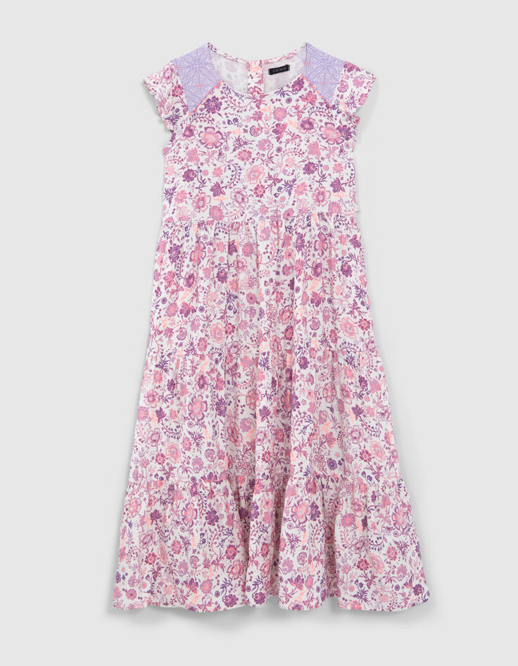 Girls’ off-white long dress with violet flower print-2