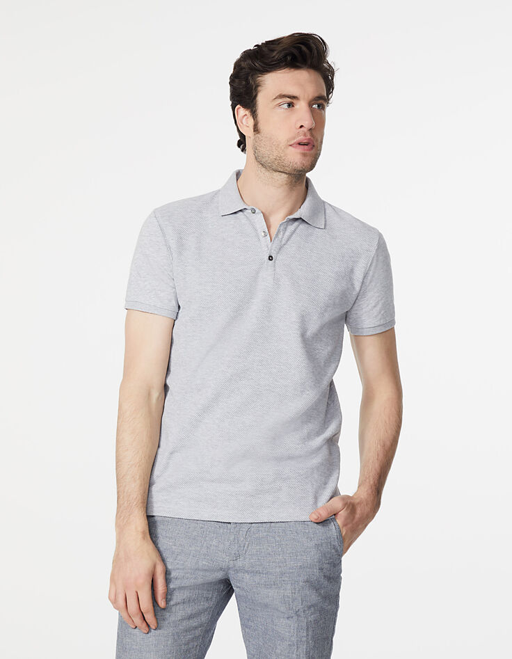 Polo gris clair chiné bi-matière à relief Homme-2