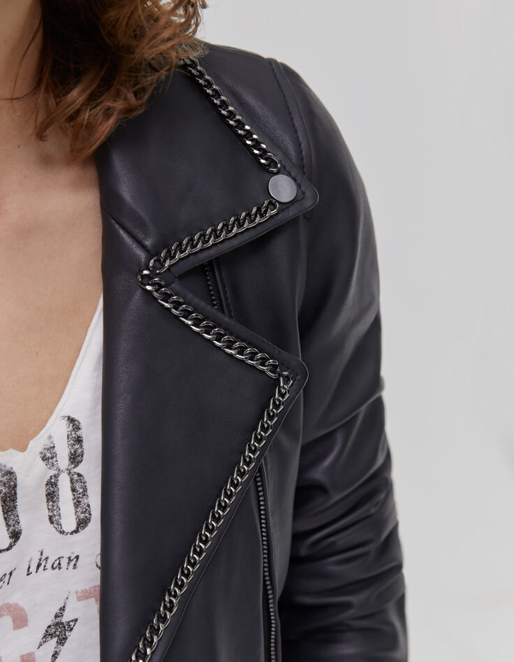 Women’s black biker-style leather jacket with metal chains-3