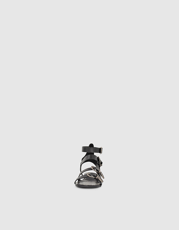 Sandales plates en cuir suédé noir boucles western femme-4