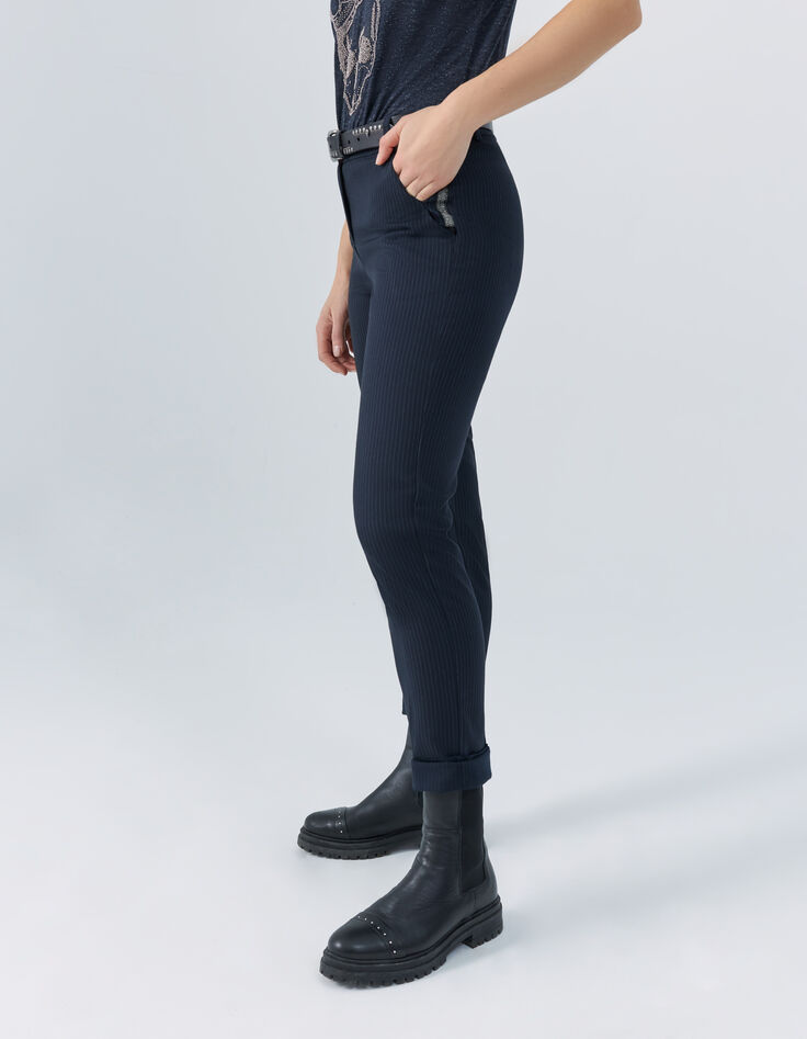 Marineblauwe rechte geklede broek met pinstripes dames-3