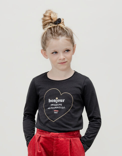 Black T-shirt organic cotton gold heart and message girl - IKKS