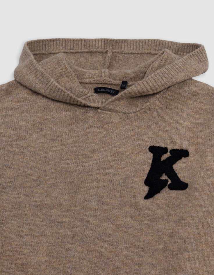 Boy's camel knit badge K embroidery bouclette sweater-3