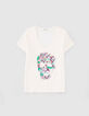 Women’s white flower and skull image T-shirt-1