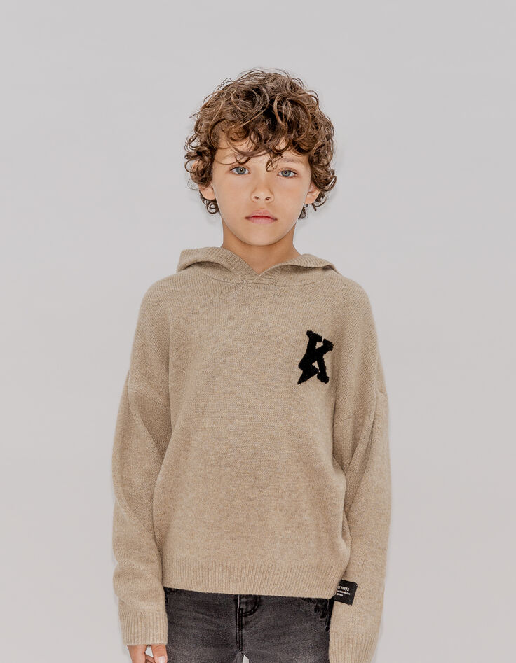 Boy's camel knit badge K embroidery bouclette sweater-1