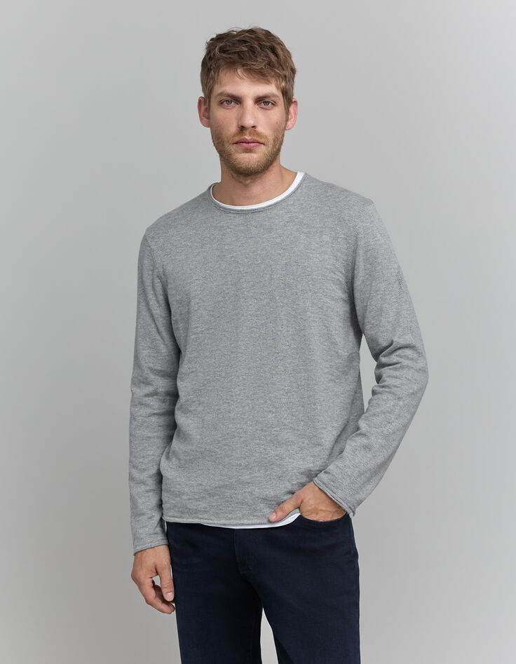 Pull gris tricot fin bords roulottés Homme-1