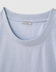 Tee-shirt bleu clair en coton éclair brodé manche femme-2