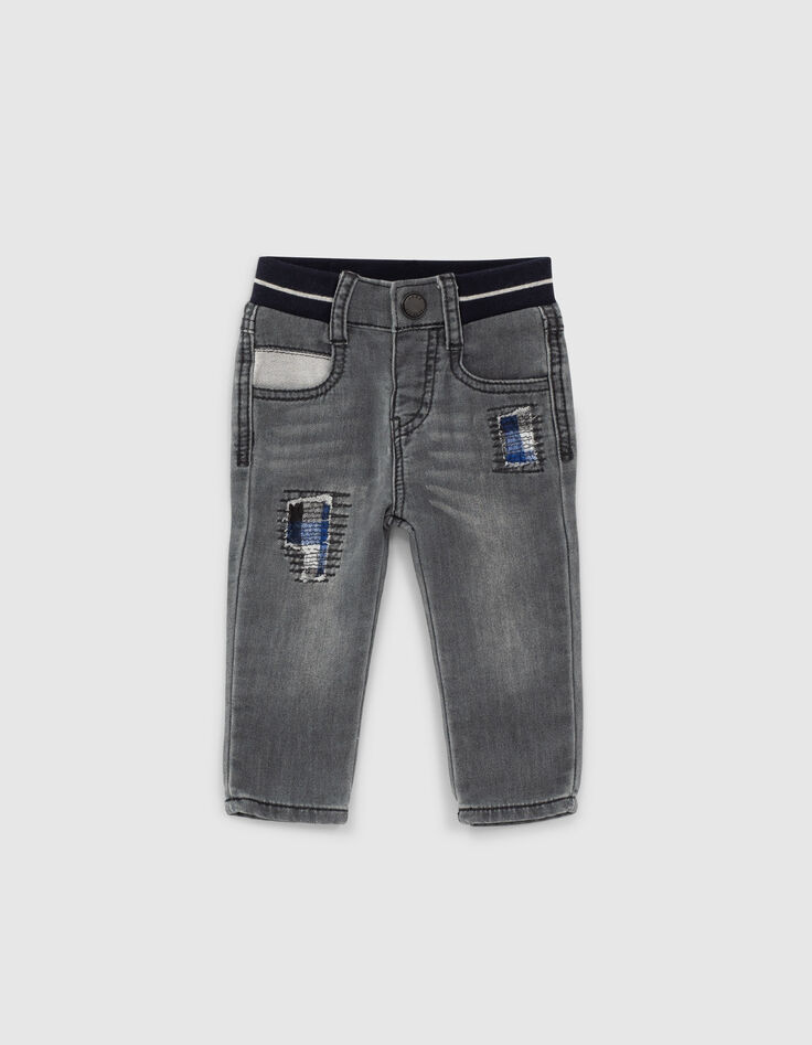 Light grey jeans knitlook met patches babyjongens -1