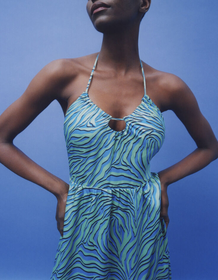 Robe longue dos-nu turquoise imprimé zébré Femme-5
